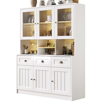 STILVORA Credenza Alta Da Cucina Con 6 Ante, 3 Cassetti, Ripiani Regolabili E Led Per Cucina, In Mdf, Bianco, 140x40x175 Cm