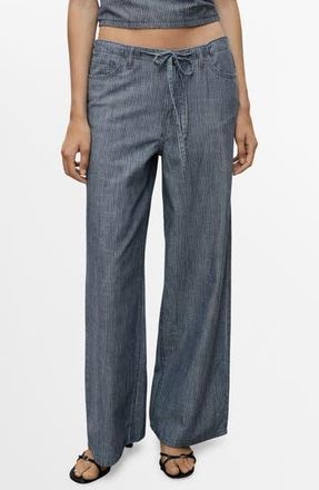 Mango Drawstring Cotton & Linen Wide Leg Pants in Blue at Nordstrom Rack, Size 2