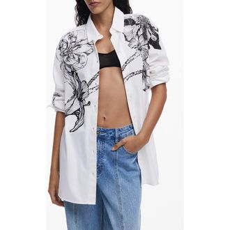 Desigual Placed Floral Cotton Button-Up Shirt in White at Nordstrom, Size Large