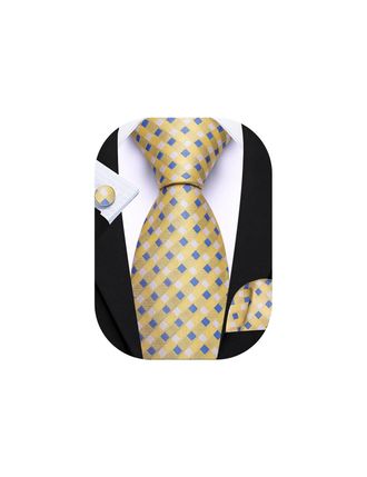 Barry.Wang Yellow Blue Tie Mens Silk Plaid Necktie Pocket Square Cufflinks Sets Formal Wedding