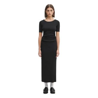 Ganni Soft Cotton Rib Dress - Dames - Kleedjes - Zwart - M - Katoen - Kleedjes