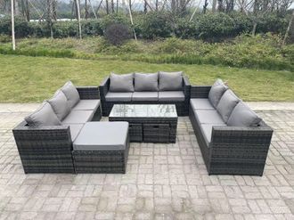 Fimous Outdoor Rattan Garden Furniture Lounge Sofa Set With Oblong Rectagular Coffee Table Footstool in Dark Grey