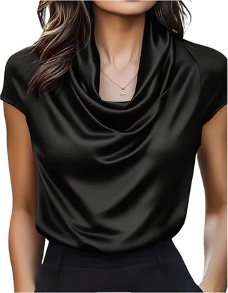 Generic Womens Party Tops Satin Cowl Neck Blouse Short Sleeve Elegant Loose Fit Silky Going Out Tops for Office Wear Smart Casual Shirt Draped Tunic or Specia