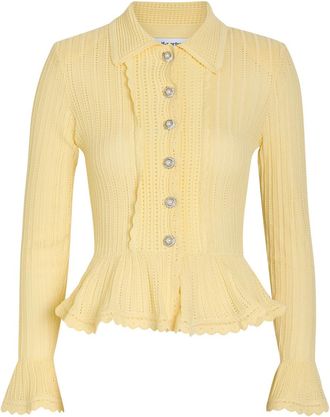 Self Portrait Peplum Pointelle-knit Cardigan - Yellow - S (UK8-10 / S)