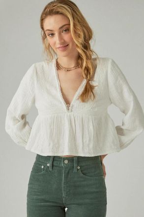 Lucky Brand Babydoll Top Womens White Cotton Tiered Lace Inset V-Neck JDM1167