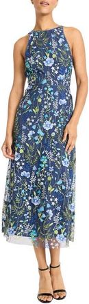 Maggy London Embroidered Floral Halter Neck Dress in Blue/Green at Nordstrom, Size 14