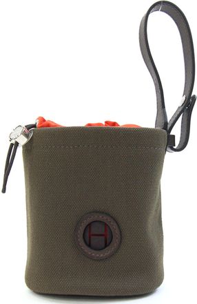 Herm&egrave;s Feu Khaki Coated Canvas Leather Pouch (Pre-Owned)
