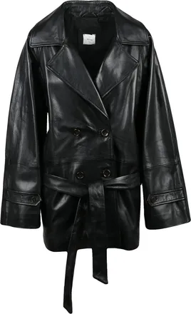 Alysi Black Leather Trench Coat