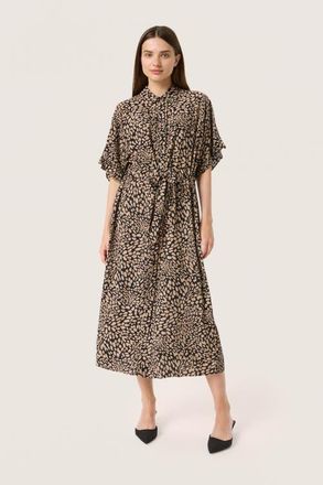 Soaked In Luxury SLNaya Short Sleeve Maxi Shirt Dress in Black With Brown Dots at Nordstrom, Size Xx-Large