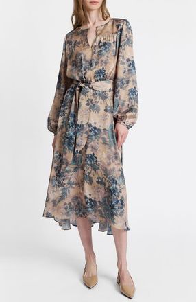 Santorelli Aubree Long Sleeve Midi Dress in Floral Print in Dune at Nordstrom, Size 10
