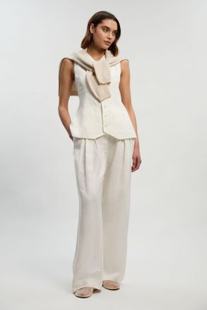 Karen Millen Womens Viscose Linen Pleat And Pocket Detail Woven Straight Leg Trouser - White - Size 16 UK