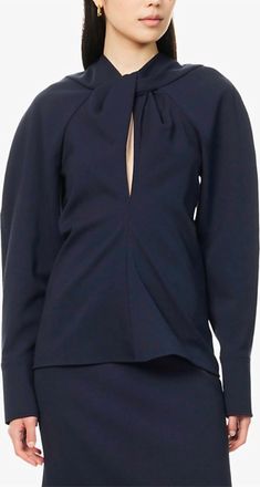 Victoria Beckham Twisted-Neckline Textured Blouse In Navy