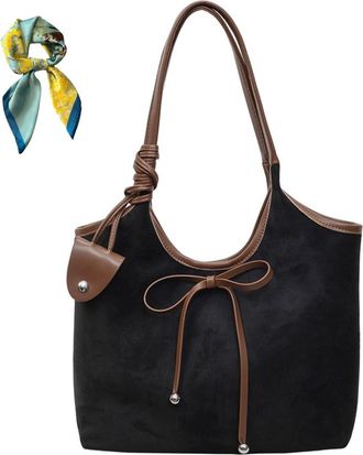 Generic Women Simple Commute Underarm Suede Purse with Bow,Brown Slouchy Hobo Shoulder Bags,Trendy Fall Tote Bag Work Daily (Black)