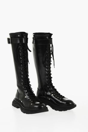 Alexander McQueen Anfibi Sotto al Ginocchio in Pelle Spazzolata Alexander McQueen