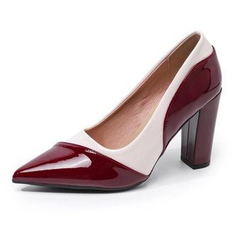 Generic Womens Fashion Colorblock Pointed Toe High Block Heel Pumps Shoes Slip On for Party Work Office (Wine Red,5.5)
