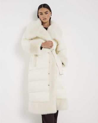 River Island Womens Padded Coat Cream Faux Fur Collar Nylon - Size 10 UK