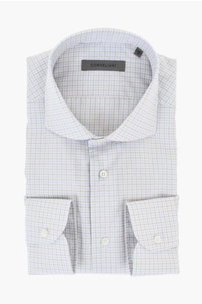 Corneliani Micro Checked Poplin Cotton Shirt with Spread Collar size 45