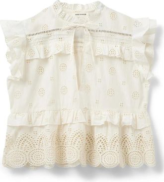 Sofie Schnoor Overhemden, Dames, Beige, XS, Katoen, Geborduurde Off-White Top met Details