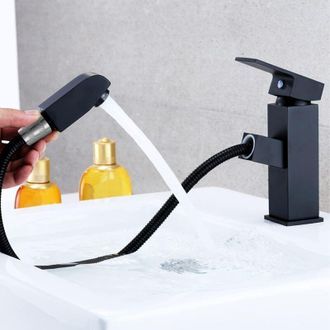 OEM Grifo Monomando Negro Para Lavabo Con Rociador Extra&iacute;ble De Acero Inoxidable, Monomando Para Agua Fr&iacute;a Y Caliente, Mangueras Incluidas