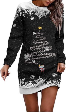 Generic Womens Oversized Sweatshirt Dress Long Sleeve Crew Neck Christmas Sparkle Dress Xmas Wine Glass Printed Dresses Long Tops to Wear with Leggings Going 