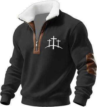 Generic Half Zip Up Mens Sweatshirts Fleece Lined Sweater Christian Sweatshirt Cross Printed Pullover Zipper Stand Up Collar Polo Shirts Fall Warm Winter Swea