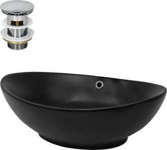 ML Design Lavabo baño de cerámica negra ovalado con juego de drenaje