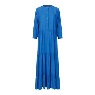 Lollys Laundry Kleedjes, Dames, Blauw, L, Blauwe Maxi Jurk met Lange Mouwen