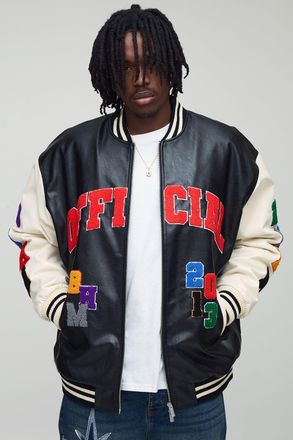 Boohooman Mens Tall Oversized Fit Badge Applique PU Varsity Bomber Jacket - Black - Size X-Large