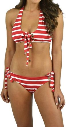 Milly Stripe Boca Eyelet Bikini Bottom In Red/ivory