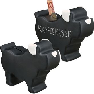 Relaxdays Set of 2 Relaxdays Chalkboard Dog Piggy Banks, Ceramic, Wedding, Birthday, Money Savings, HxWxD: 17 x 8.5 x 20 cm, Black