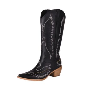 Generic Womens Knee-High Western Cowboy Boots PU Leather Wing Embroidery Metal Stud Detail Pointed Toe Low Block Heels Sleek Stitching Comfortable Non-Slip Du