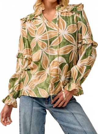 Bibi Bold Floral Ruffle Details Blouse In Olive Cream Floral