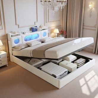 OEM Cama 160x200 Cm - Cama Con Almacenamiento 160x200 Cm - Led - Pu - Estructura De Cama Doble 160x200 Cm - 2 Plazas - Con Cabecera Y Somier - Blanco