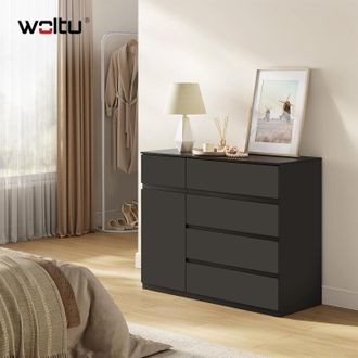 Woltu Woltu - C&oacute;moda Para Dormitorio De 5 Cajones Y 1 Puerta Con Estante Ajustable - Estilo Escandinavo - Almacenamiento, Negro