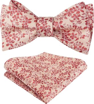 Alizeal Mens Floral Printed Self Tied Bow Tie and Hanky Wedding Prom Casual Formal Untied Bow Tie Set, Coral Orange+Burgundy