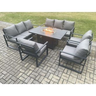 Fimous Fimous Aluminium Garden Furniture Outdoor Set Patio Lounge Sofa Gas Fire Pit Dining Table Set with 3 Armchair Dark Grey