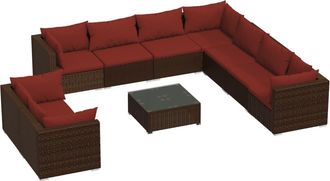 vidaXL Set Muebles De Jard&iacute;n 10 Pzas Y Cojines Rat&aacute;n Sint&eacute;tico Marr&oacute;n Vidaxl