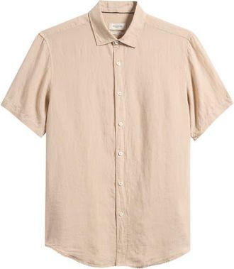 Bugatchi Orson Shaped Fit Short Sleeve Linen Button-Up Shirt in Sand at Nordstrom, Size Xxx-Large