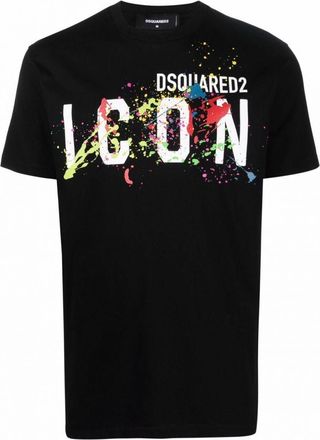 Dsquared2 Mens Icon Paint Splattered T-shirt Black Cotton - Size X-Large