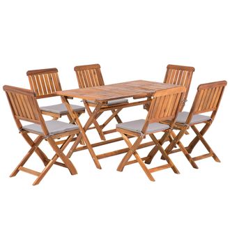 Beliani Conjunto De Comedor De Jard&iacute;n De Madera De Acacia 6 Sillas Plegables Con Cojines Mesa 140 X 75 Cm Rectangular Cento