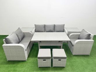 Fimous Patio PE Wicker 8 Seater Outdoor Rattan Furniture Sofa Sets w/ Rectangular Dining Table Reclining Chair Loveseat Sofa 3 Seater Sofa Stool 2