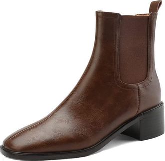 TinaCus Womens Square Toe Genuine Leather Handmade Chunky Heels Slip On Trendy Ankle Boots, Brown, 6 UK