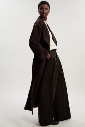Karen Millen Womens Brushed Wool Belted Wrap Tailored Maxi Coat - Chocolate - Size 16 UK