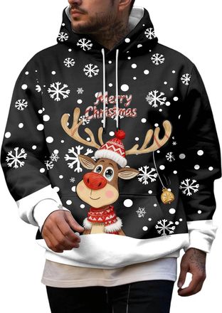 Generic Mens Christmas Hoodie Sweatshirt Funny Christmas Jumpers Mens Christmas Print Hooded Long Sleeve Hoodie Top Santa Festive Sweatshirt Xmas Party Hooded
