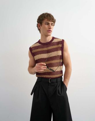 Topman Top senza maniche comodo in maglia lavorata alluncinetto bordeaux a righe-Rosso