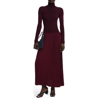 Desigual Long Sleeve Pleat Turtleneck Maxi Dress in Dark Red at Nordstrom, Size Medium