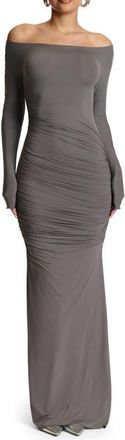 Naked Wardrobe Ruched Off the Shoulder Long Sleeve Maxi Dress in Charcoal at Nordstrom, Size X-Small