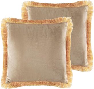 Beliani Conjunto De 2 Cojines De Terciopelo Beige Borlas Decorativas 45 X 45 Cm Sala De Estar Pothos