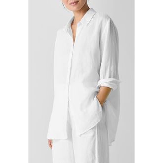 Eileen Fisher Classic Collar Organic Linen Long Button-Up Shirt in White at Nordstrom, Size Xx-Small