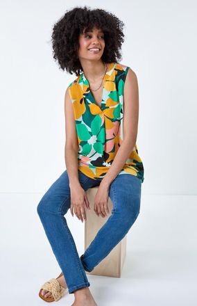 Roman Contrast Floral Sleeveless V-Neck Blouse